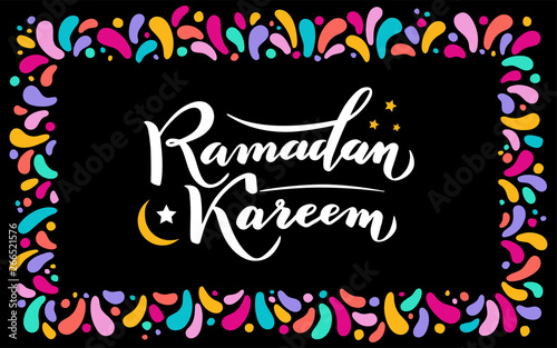 Vector illustration. Islamic Ramadan Kareem greeting gold lettering text, moon, festive colorfull square frame. confetti