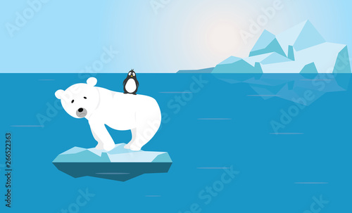 Polar Bear and Penguin on small melting ice - Global warming crisis