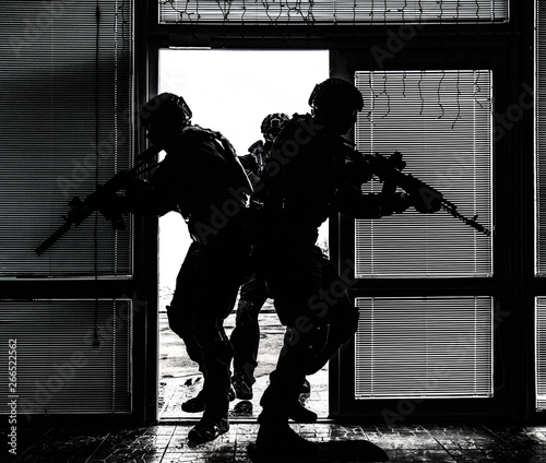 SWAT team breaching door and storming apartments photo