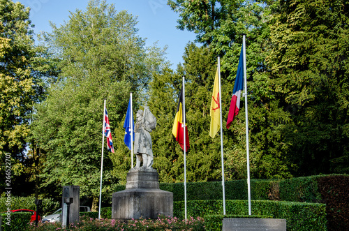 British, European, Belgian, Walloon and French Flags, in a park photo