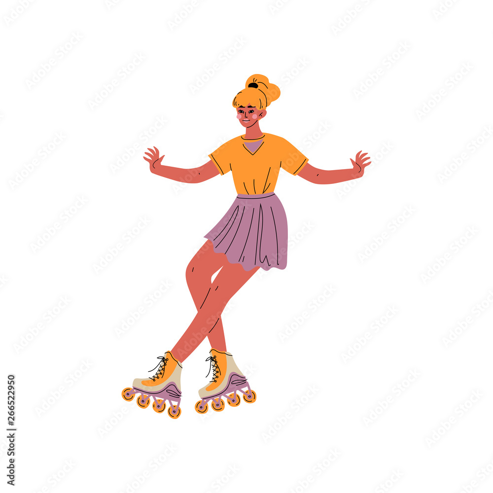 Roller Skating Girl, Female Athlete Character Riding on Roller Skates