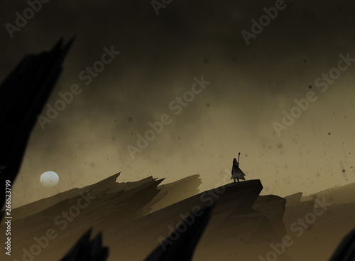 Photos epic journey, traveler in surreal landscape with ash falling from the dark sky,