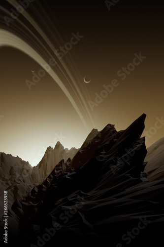 sunset on ringed planet wit...