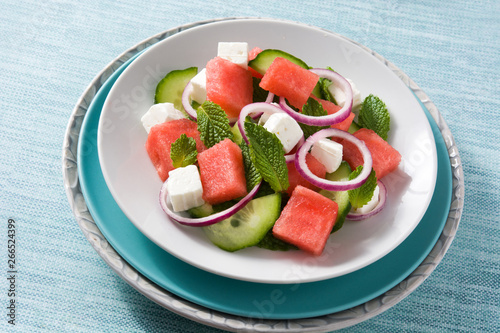 Watermelon salad with feta cheese,mint,onion and cucumber