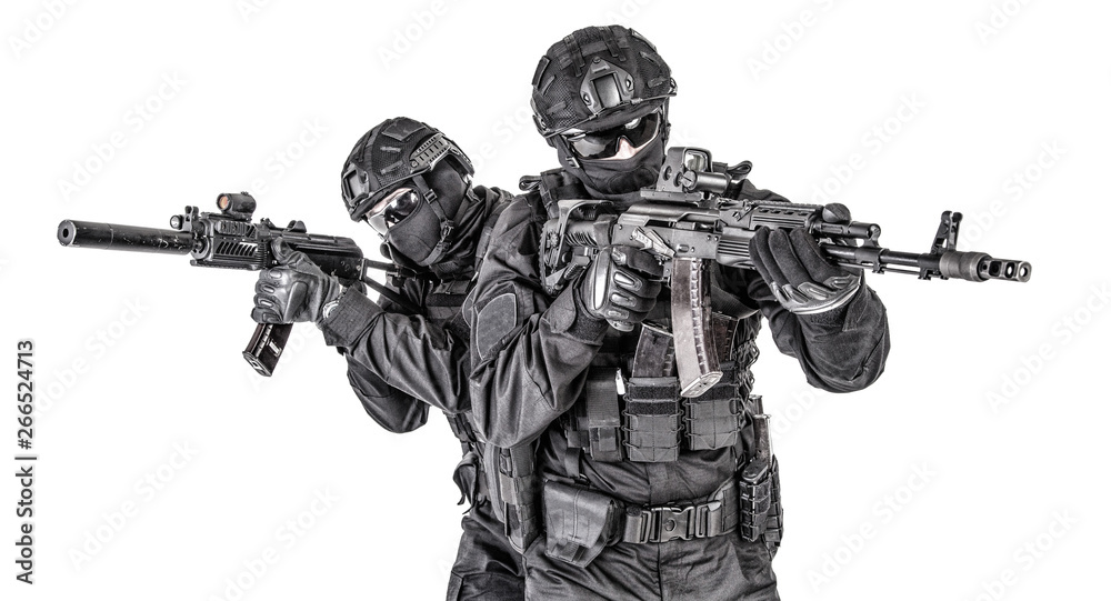 Police elite squad fighters protecting each other Police elite squad fighters protecting each other