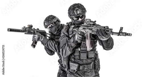 Police elite squad fighters protecting each other