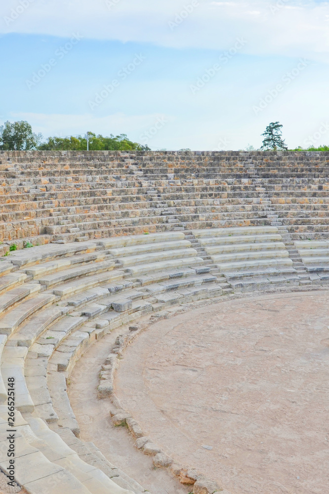 Tribune of the ancient outdoor theatre that was part of Antique Greek city-state Salamis. The archeological site is located near Famagusta, Turkish Northern Cyprus. Popular tourist attraction