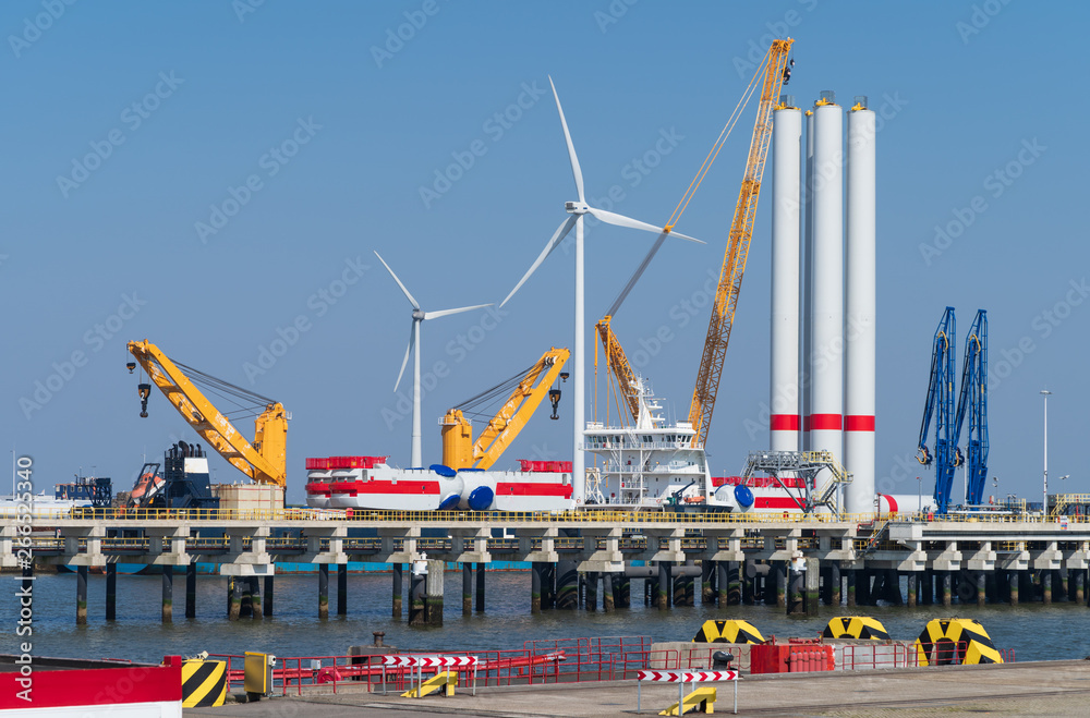 Fototapeta premium Offshore vessel for placing wind turbines at sea in the Eemshaven harbor. Groningen, Holland.