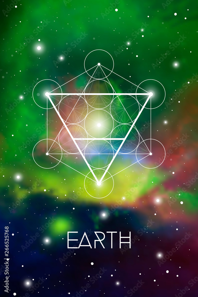 Earth element symbol inside Metatron Cube and Flower of Life in front of  outer space cosmic background. Sacred geometry magic sign futuristic vector  design. Stock Vector | Adobe Stock