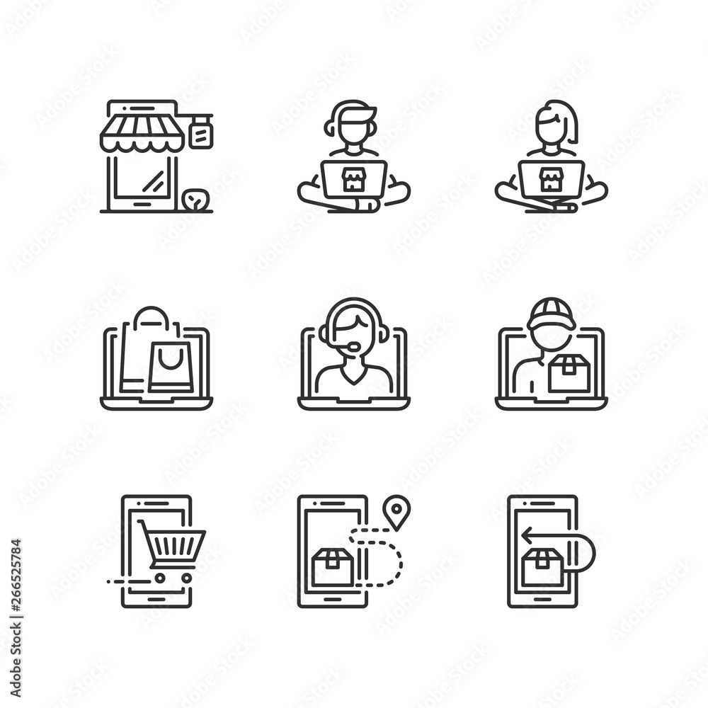 Outline icons. Shopping online. Store Outline icons. Shopping online. Store