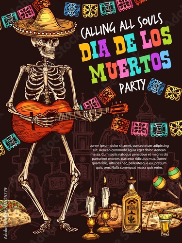 Day of Dead skull playing guitar. Mexican holiday