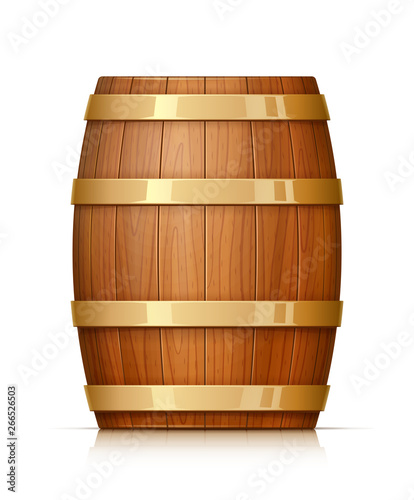 Wooden barrel. Vessel for keeping wine, beer and beverage. Equipment for pub and wine cellar. Whisky keg. Lager oak capacities. Isolated on white background. Eps10 vector illustration.