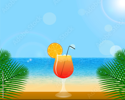 Summer beach background with sunshine. Cocktail on wooden bar counter with palm leafs decoration. Orange slice on the edge of the glass. Black straw in beverage. Holiday hawaiian colorful concept.