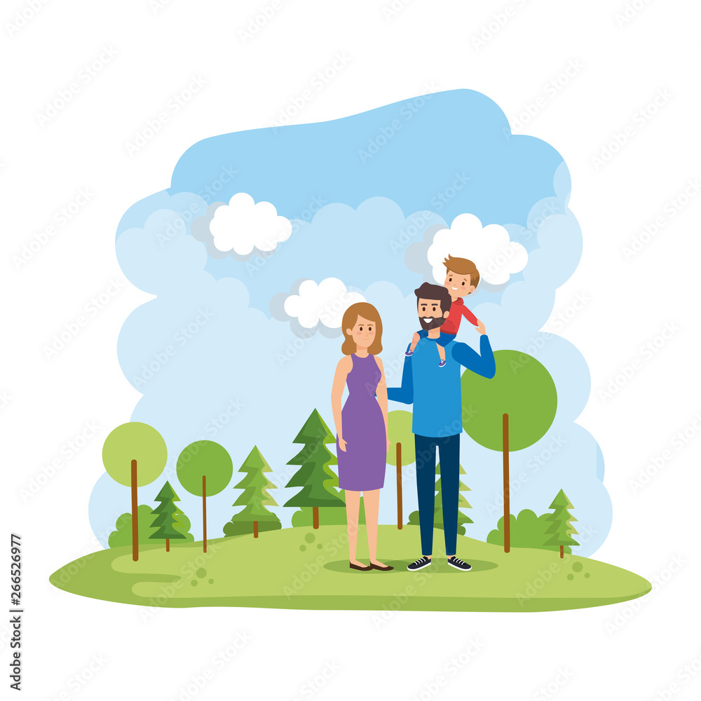parents couple with son in the park scene