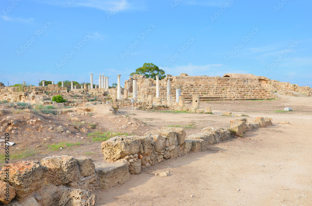 Amazing view of well preserved ruins of ancient city Salamis located near Famagusta, Turkish Northern Cyprus. The Corinthian columns were part of Salamis gymnasium. Popular tourist attraction