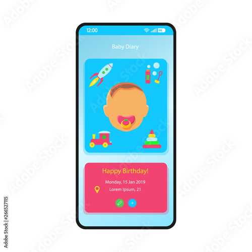 Baby diary smartphone interface vector template