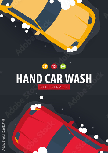 Car Wash Self Service. Car Washing with Foam. Vector illustration.