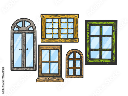House wooden old windows color sketch engraving vector illustration. Scratch board style imitation. Black and white hand drawn image.