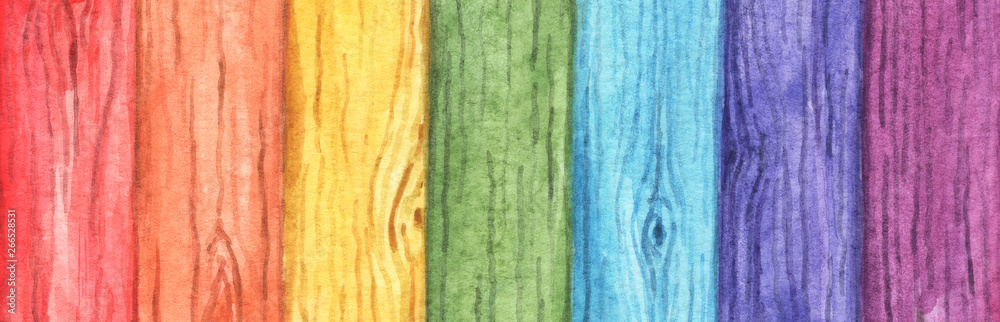 Rainbow colored painted on old wood background. Wood planks with seven ...