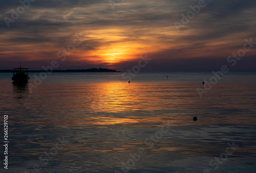 Sunset on the sea in Fazana,Croatia with ship silhouette © Darac