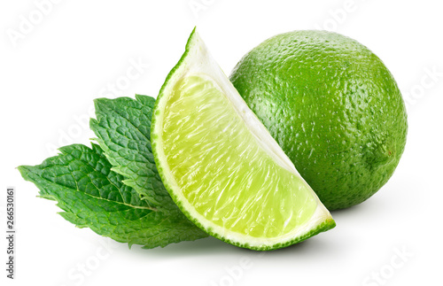 Lime isolated. Lime slice with mint leaves isolate on white. © Tim UR