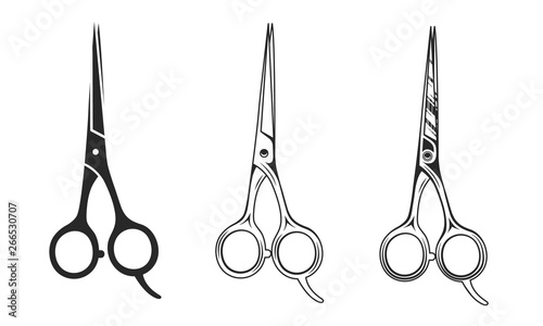 Vector Barber scissors isolated on white background. Hair scissors icons in 3 other styles.