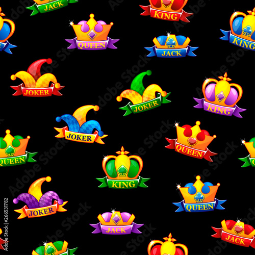 Seamless pattern with Playing cards icons on black background. Vector Poker symbols for casino and GUI graphic. King  queen  jack  ace and joker. Fortune chance jackpot.