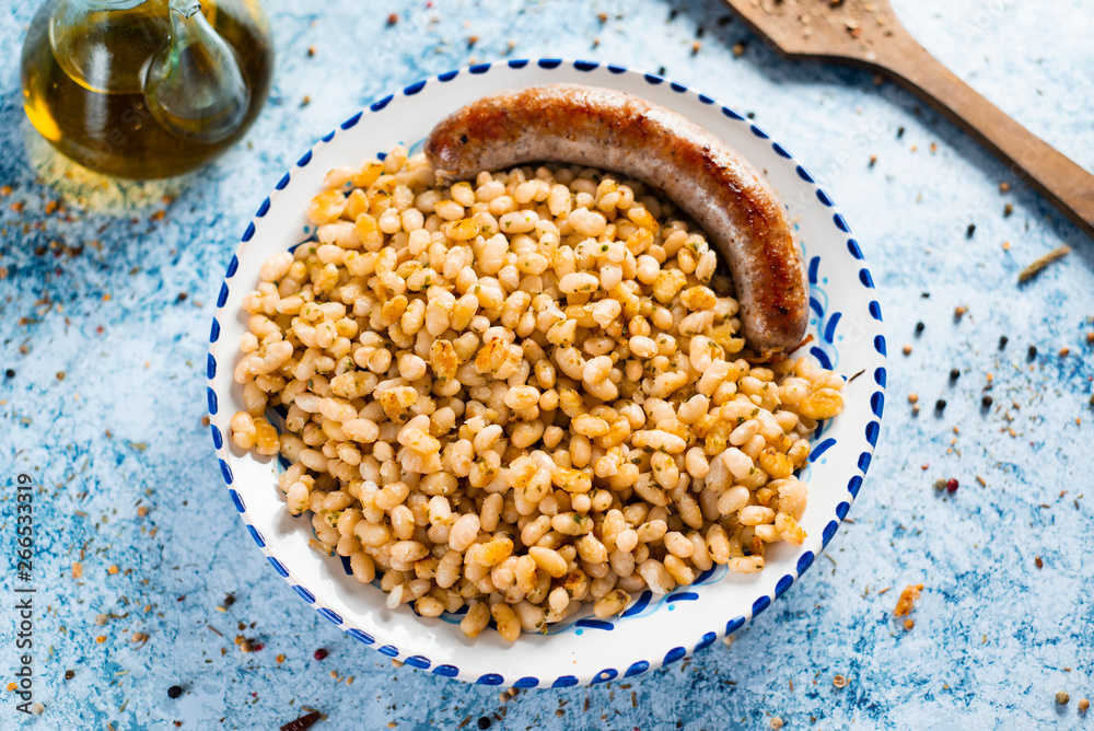 fried beans and sausage typical of Catalonia fried beans and sausage typical of Catalonia