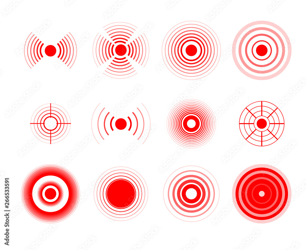 Pain circles. Red painful target spot, targeting medication remedy circle and joint pain spots. Muscle pain, painful headaches or health healing sound wave isolated vector icons set. Pain circles. Red painful target spot, targeting medication remedy circle and joint pain spots. Muscle pain, painful headaches or health healing sound wave isolated vector icons set.