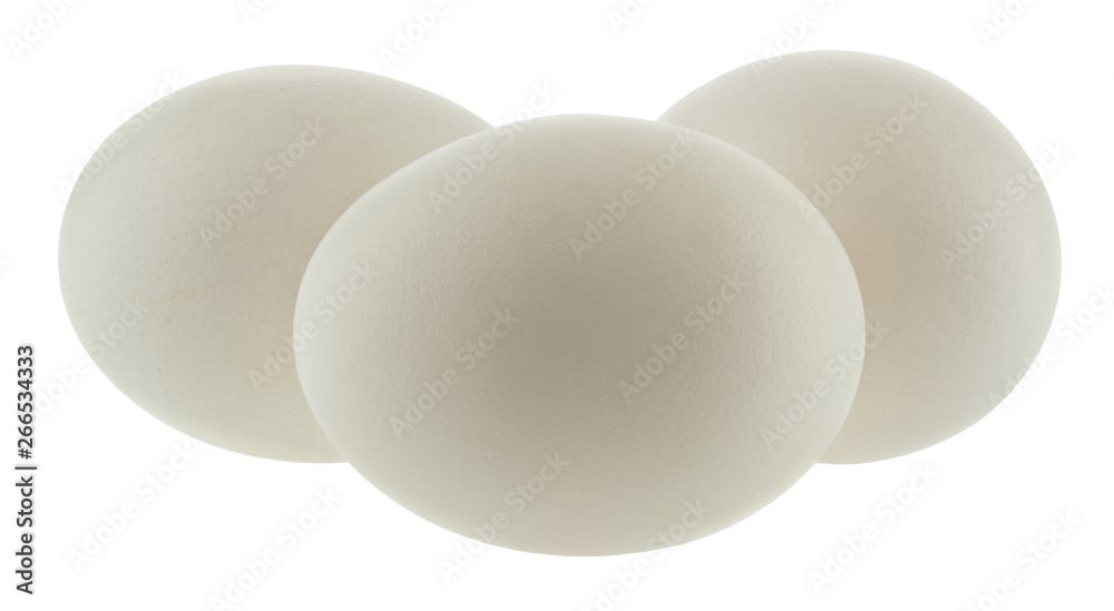 White chicken eggs isolated on white background close up.