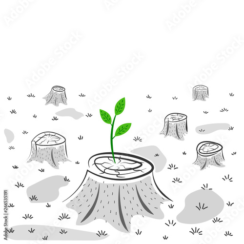Green sprout on the stump - caring for nature concept poster banner.