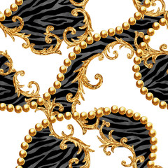 Canvas schilderij Glamour stijl patronen Gouden kettingen glamour barok achtergrond  © Olga