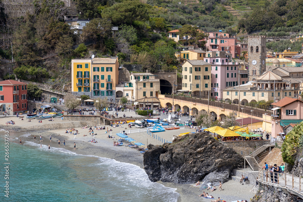 MONTEROSSO, LIGURIA/ITALY  - APRIL 22 : View of the coastline at Monterosso Liguria Italy on April 22, 2019. Unidentified people