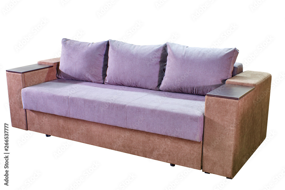 Naklejka premium modern large cozy two-tone fabric sofa with wooden lining and otkryvnymi armrests on a white background