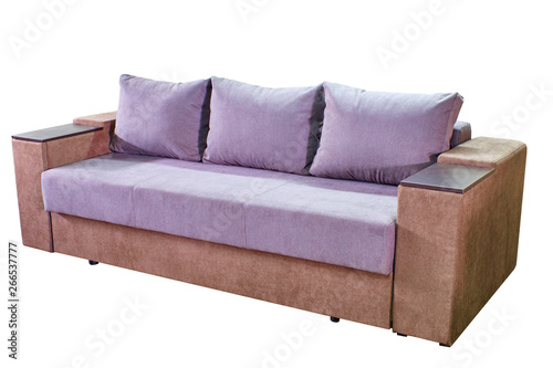 modern large cozy two-tone fabric sofa with wooden lining and otkryvnymi armrests on a white background