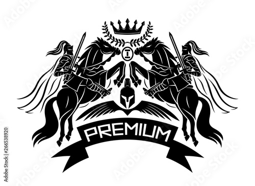 Premium sign with knights with swords riding horses on a white background.