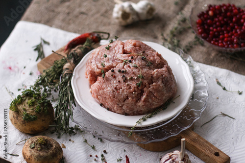 fresh ground Turkey meat on a white background