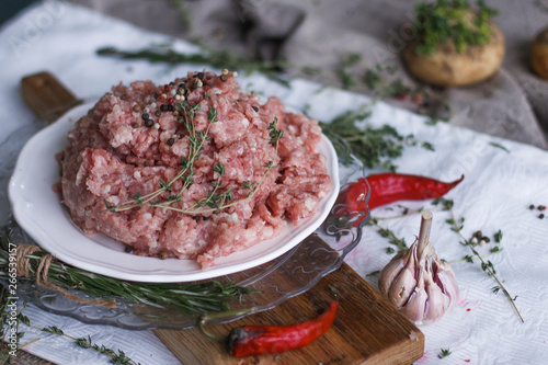 fresh ground Turkey meat on a white background