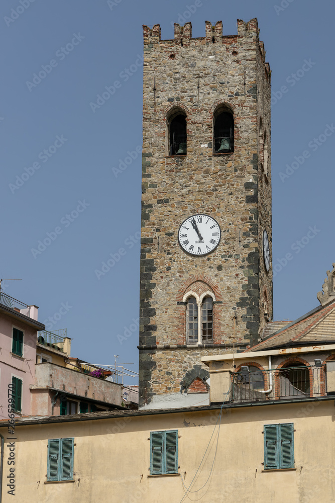 MONTEROSSO, LIGURIA/ITALY  - APRIL 22 : Belltower of the Church of St John in Monterosso Liguria Italy on April 22, 2019