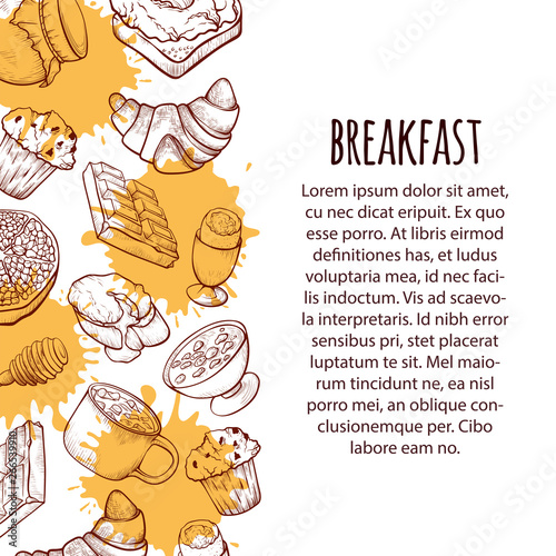 Breakfast food hand drawn sketch, template set
