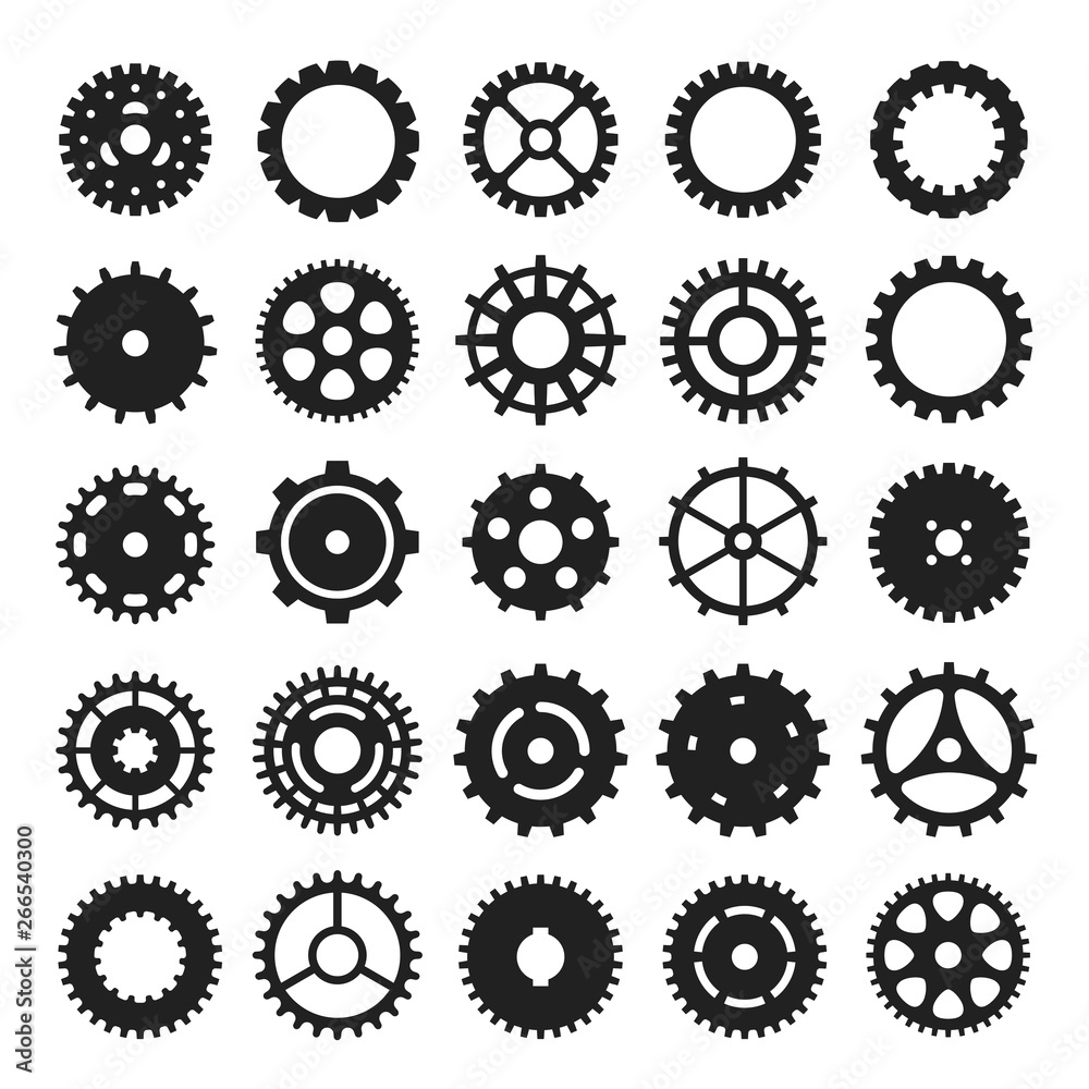 Cogs and gears icon set, mechanism or machinery symbol Cogs and gears icon set, mechanism or machinery symbol
