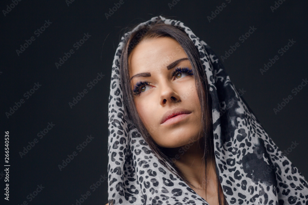 Closeup Studio Portrait Beauty Brunette Woman Cotton Scarf Head