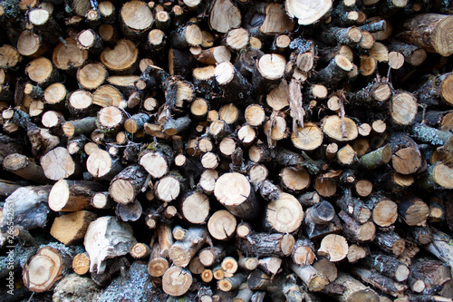 a woodpile with wood near the country house
