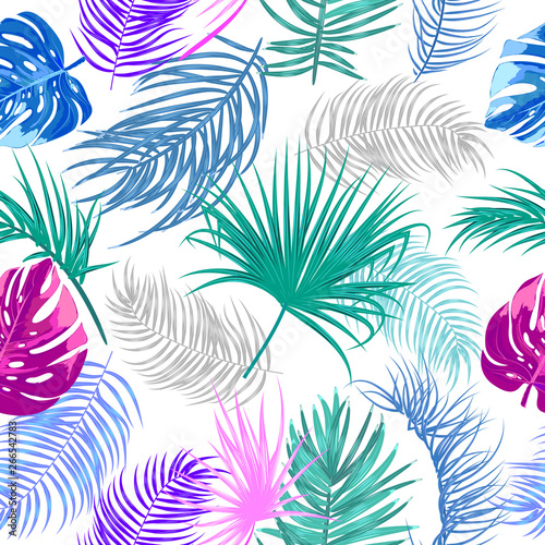 Tropical jungle palm leaves seamless pattern, neon colors