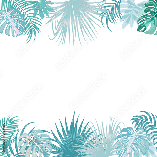 Vector tropical jungle frame with palm trees and leaves on white background