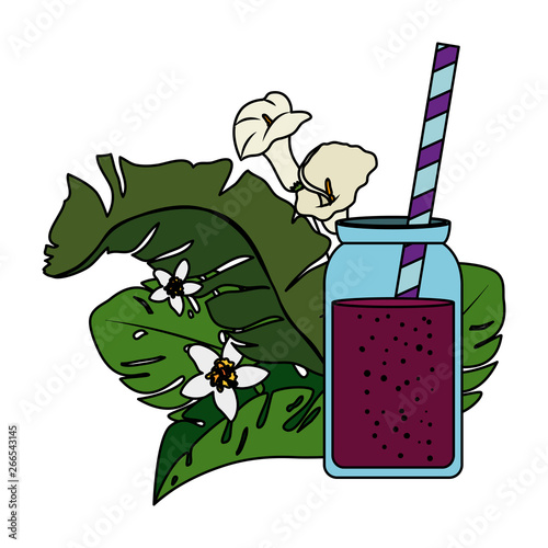 juice fruits in pot with straw and tropical floral decoration