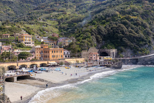 MONTEROSSO, LIGURIA/ITALY - APRIL 22 : View of the coastline at Monterosso Liguria Italy on April 22, 2019. Unidentified people
