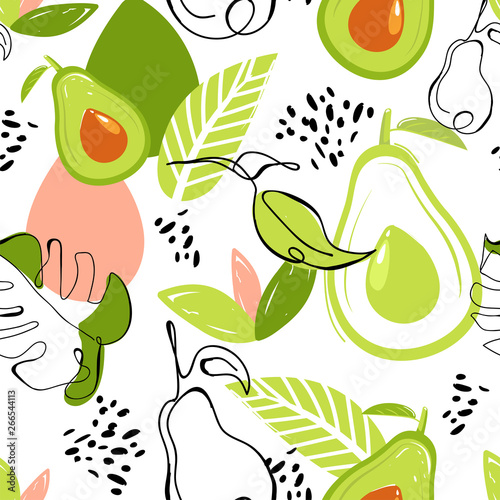 Modern seamless pattern with avocado fruits, leaves, monstera leaf and abstract elements. Creative floral collage. Vector texture for textile, wrapping paper, packaging etc. Vector.