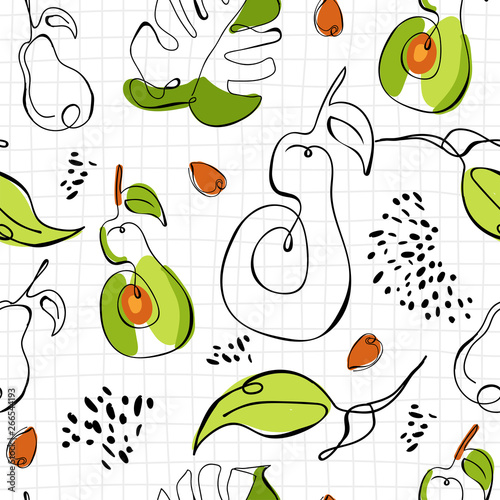 Modern seamless pattern with avocado fruits  leaves  monstera leaf and abstract elements. Contour drawing. Creative collage. Vector texture for textile  wrapping paper  packaging etc. Vector.