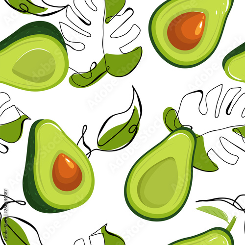 Modern seamless pattern with avocado fruits and monstera leaf. Contour drawing. Vector texture for textile, wrapping paper, scrapbooking, packaging etc. Vector illustration on white background.